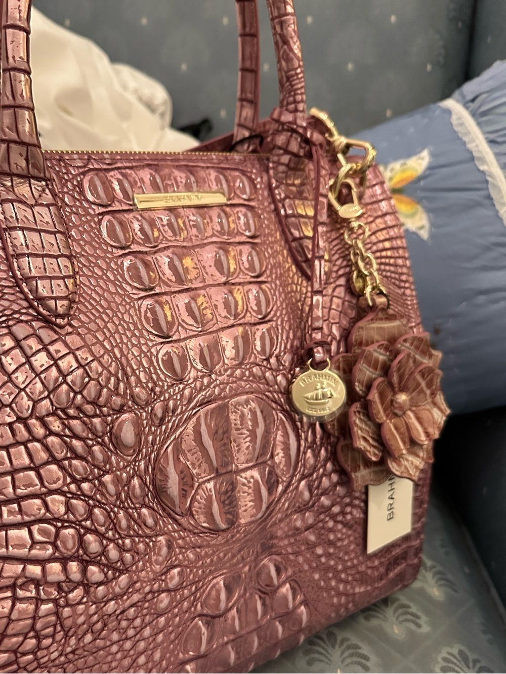 Sale ! Brahmin Icing Pink Floral Croc-Embossed Leather Key Fob/Charm/Tassel